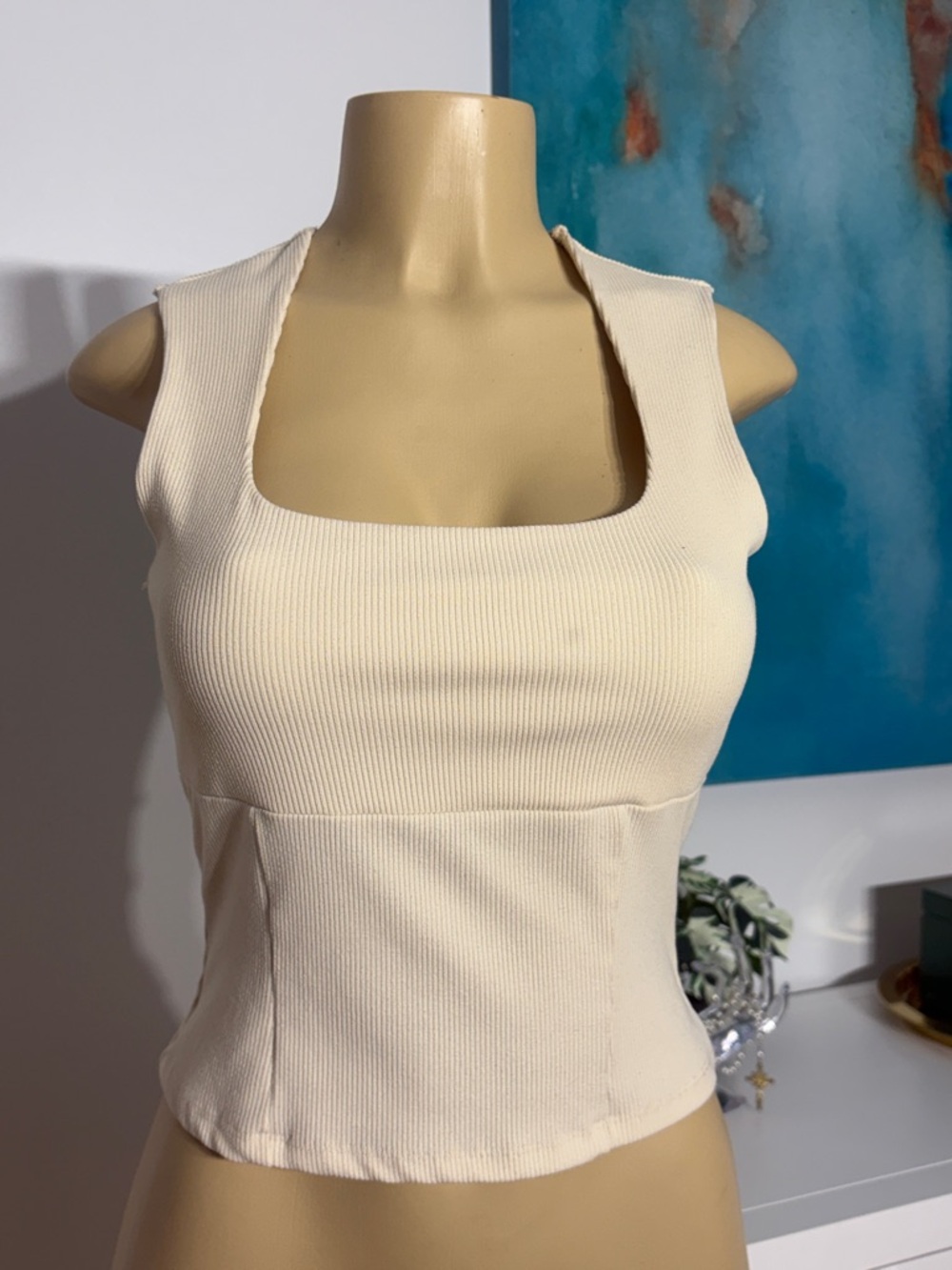 Cream Square-Neck Ribbed Tank Top